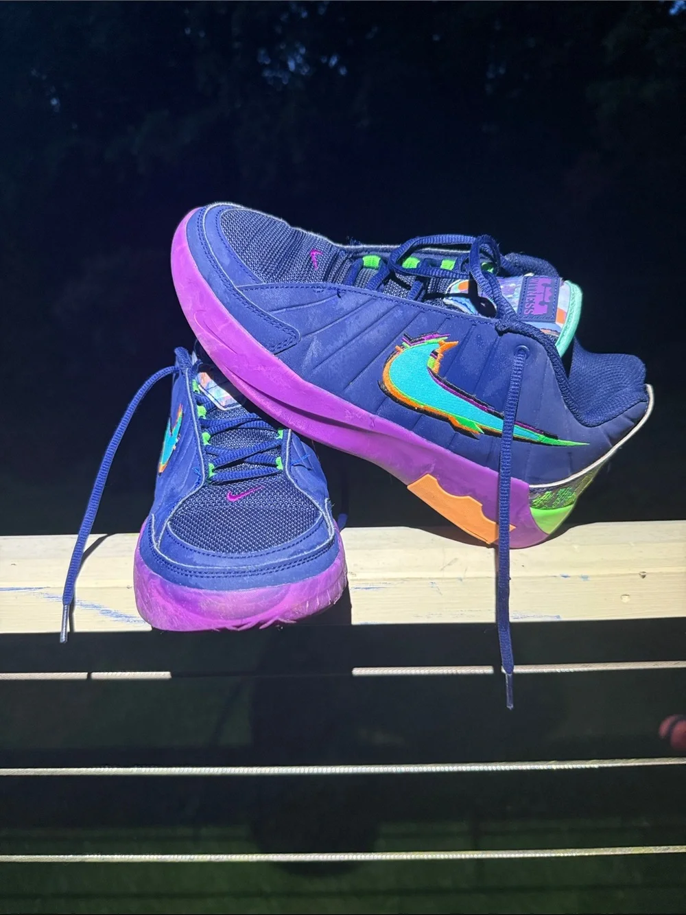 Nike Kids Navy Lebrons with Purple, Teal & Orange Accents— Come smelling Fresh
